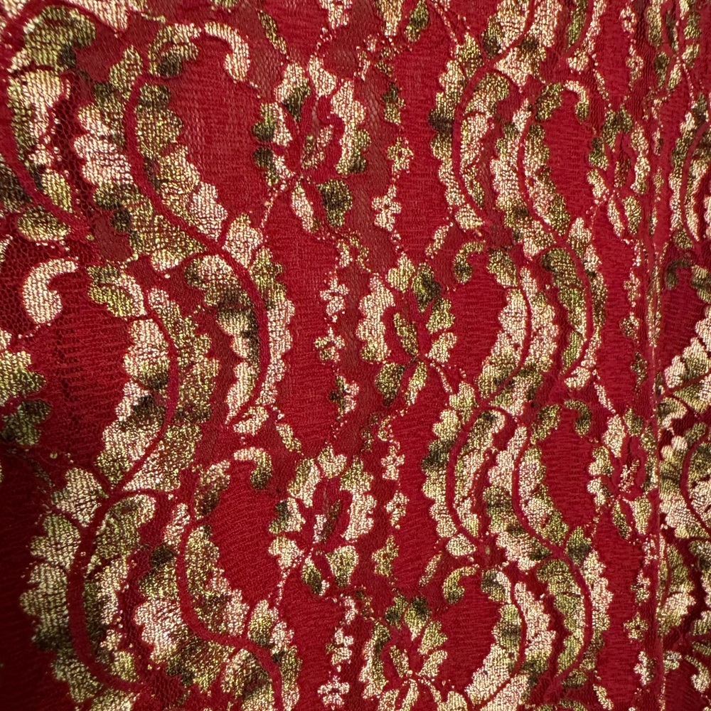 LuLaRoe Shirley Kimono Red Raspberry/Gold Lace Knit Open Front  Sweater Size Lar - Picture 8 of 11